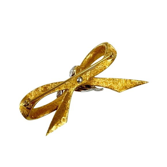 Vintage Gold Bow Brooch with Rhinestones Textured Metal Ribbon Pin - Picture 8 of 10